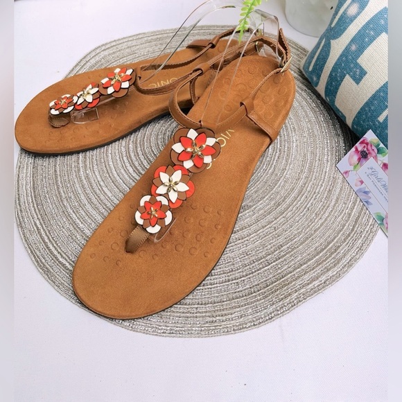 VIONIC Sandals “Paulie” Tan Floral T-Strap Orange/White Podiatrist Designed - Picture 8 of 12